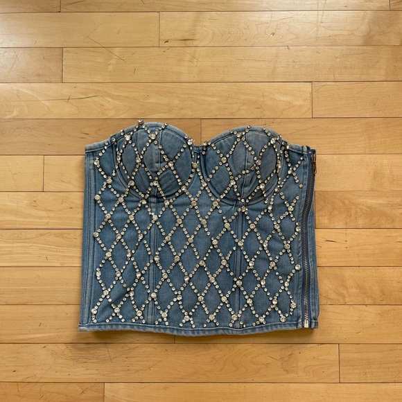 Denim Rhinestone Embellished Crop Top - Picture 3 of 9